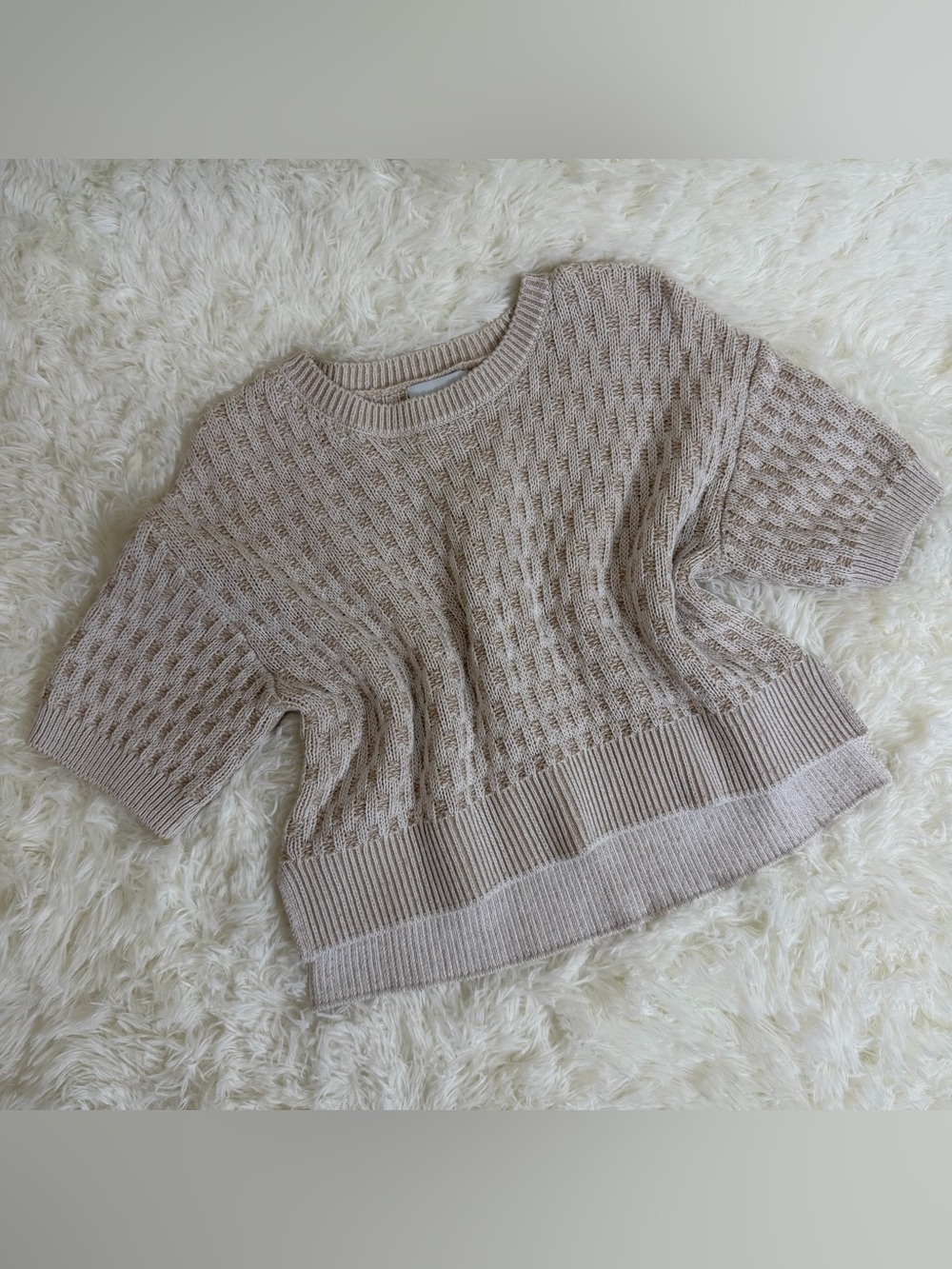 Stitches & Stripes Short-Sleeve Knit Crop Sweater in Taupe